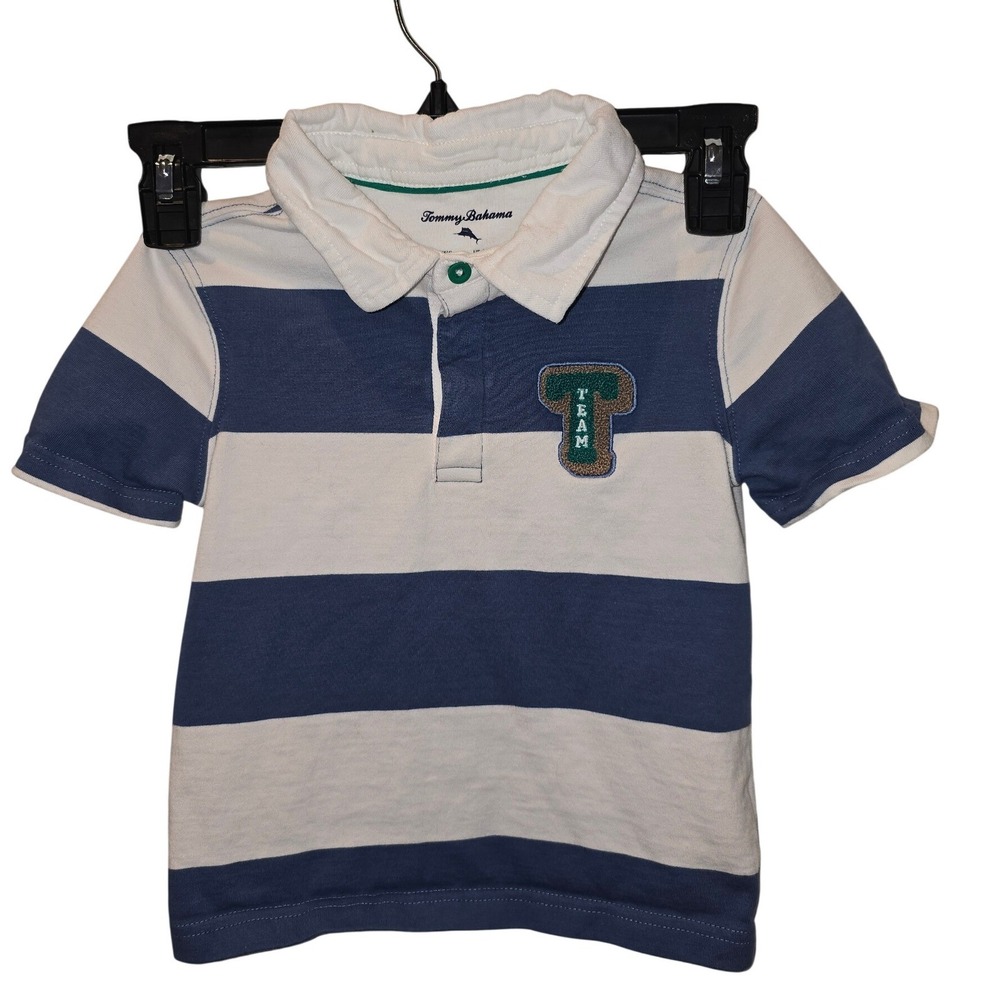 Tommy Bahama Boys Blue White Striped Polo Shirt Short Sleeve Size XS 4 Cotton